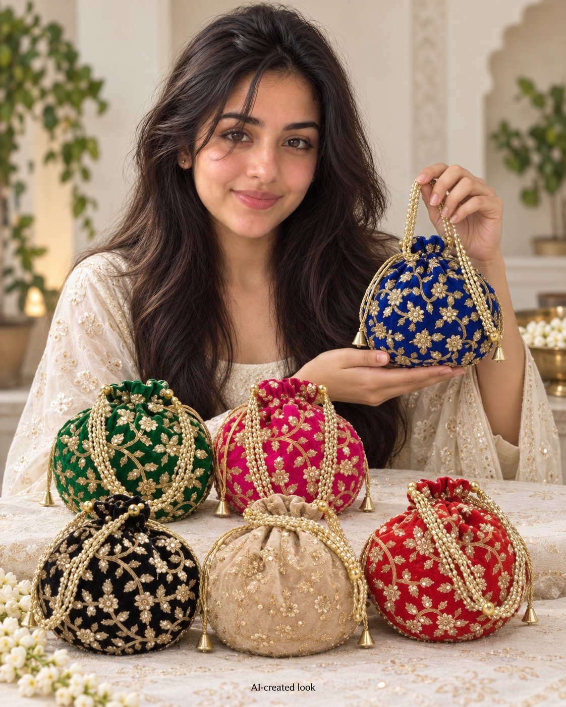 AI-created Maya main view: The six actual drawstring potlis, in the reference colours and floral embroidery, with their original gold cords/handles