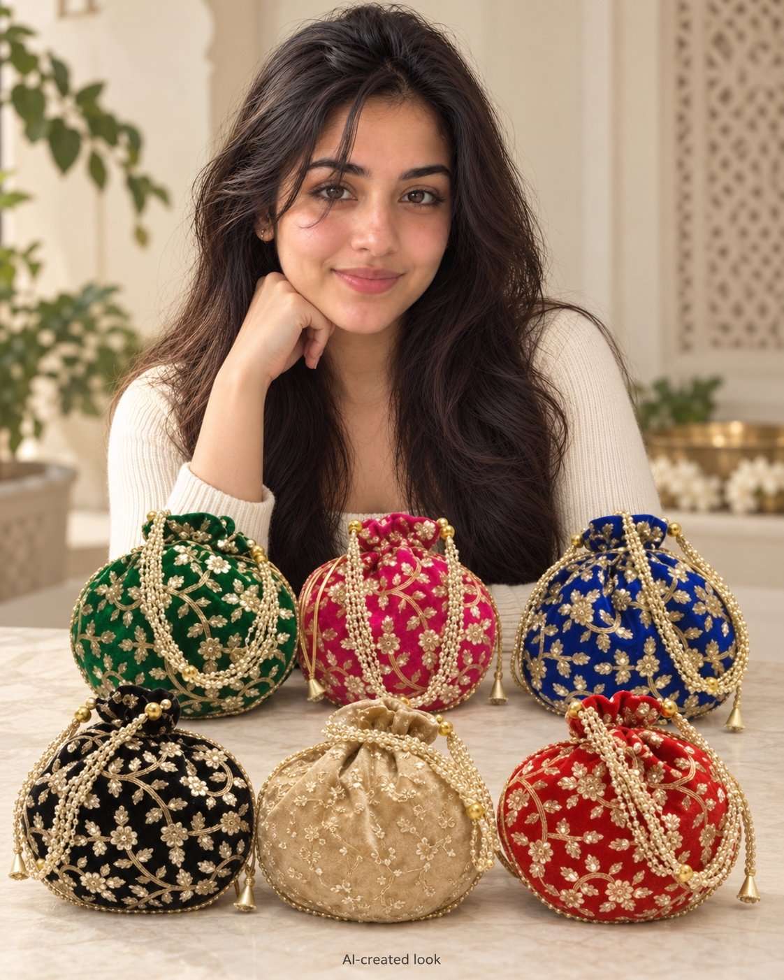 AI-created Maya showcase view: The six actual drawstring potlis, in the reference colours and floral embroidery, with their original gold cords/handles