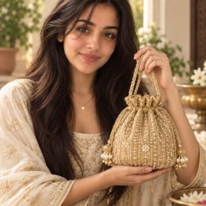 AI-created Maya styling inspiration: Vesara golden designer single potli handbag