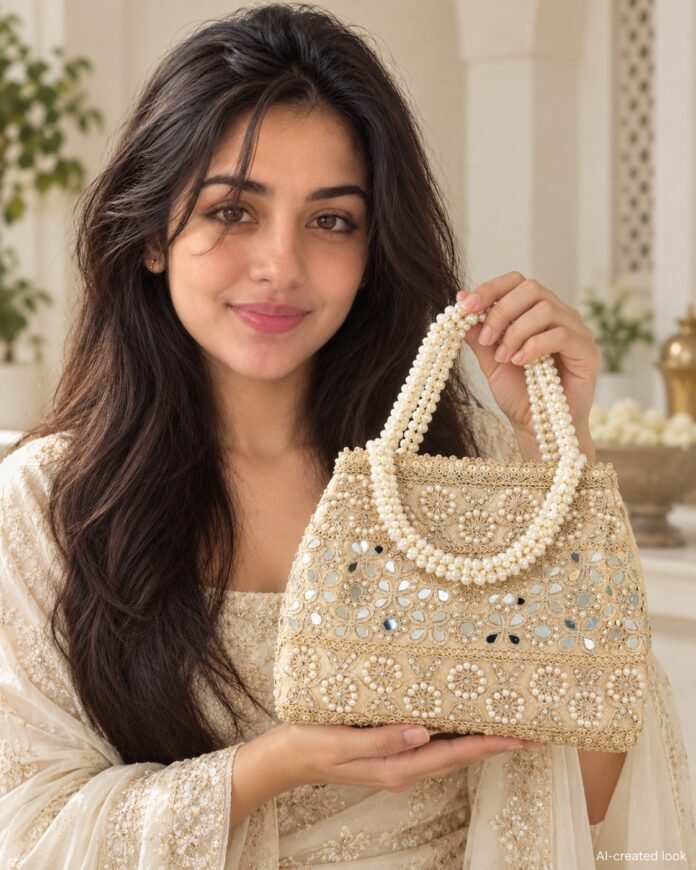 AI-created Maya main view: Structured rectangular golden pearl-work handbag with the actual pearl handles, mirror placements and beaded ornament
