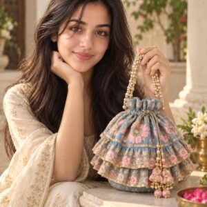 AI-created Maya styling inspiration: MASQ embroidered frill potli blue pink gold