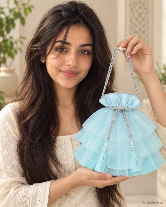 AI-created Maya main view: Plain pale-blue tiered frill bag with the actual silver/pearl chain handle and drawstrings; preserve exact tier structure, without invented floral embroidery
