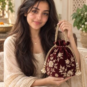 AI-created Maya styling inspiration: ATHZ velvet embroidered drawstring potli