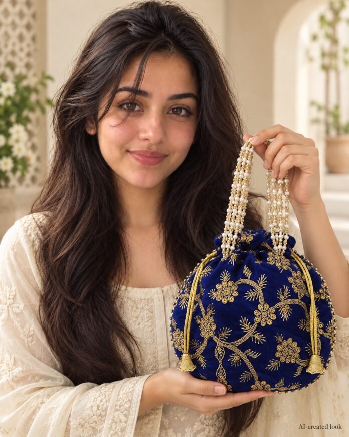 AI-created Maya main view: Navy velvet drawstring potli with large gold floral embroidery and the actual gold beaded handles/cords