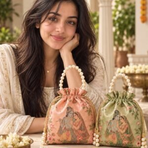 AI-created Maya styling inspiration: Kuber Industries Radha Krishna pearl-handle potli pack of 2