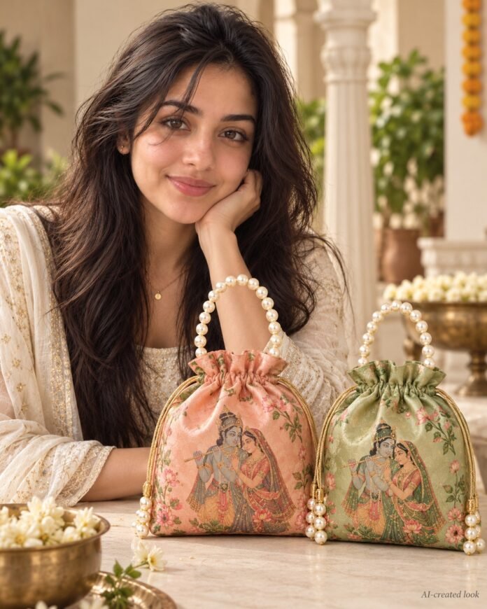 AI-created Maya styling inspiration: Kuber Industries Radha Krishna pearl-handle potli pack of 2
