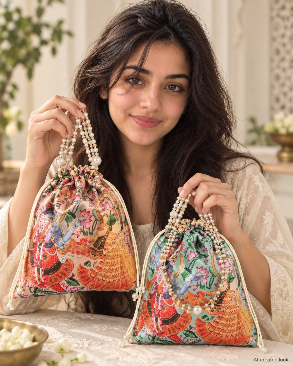 AI-created Maya detail view: The two peach/green Radha-Krishna pictorial-print pouches with the actual printed art, pearl handles and drawstring details