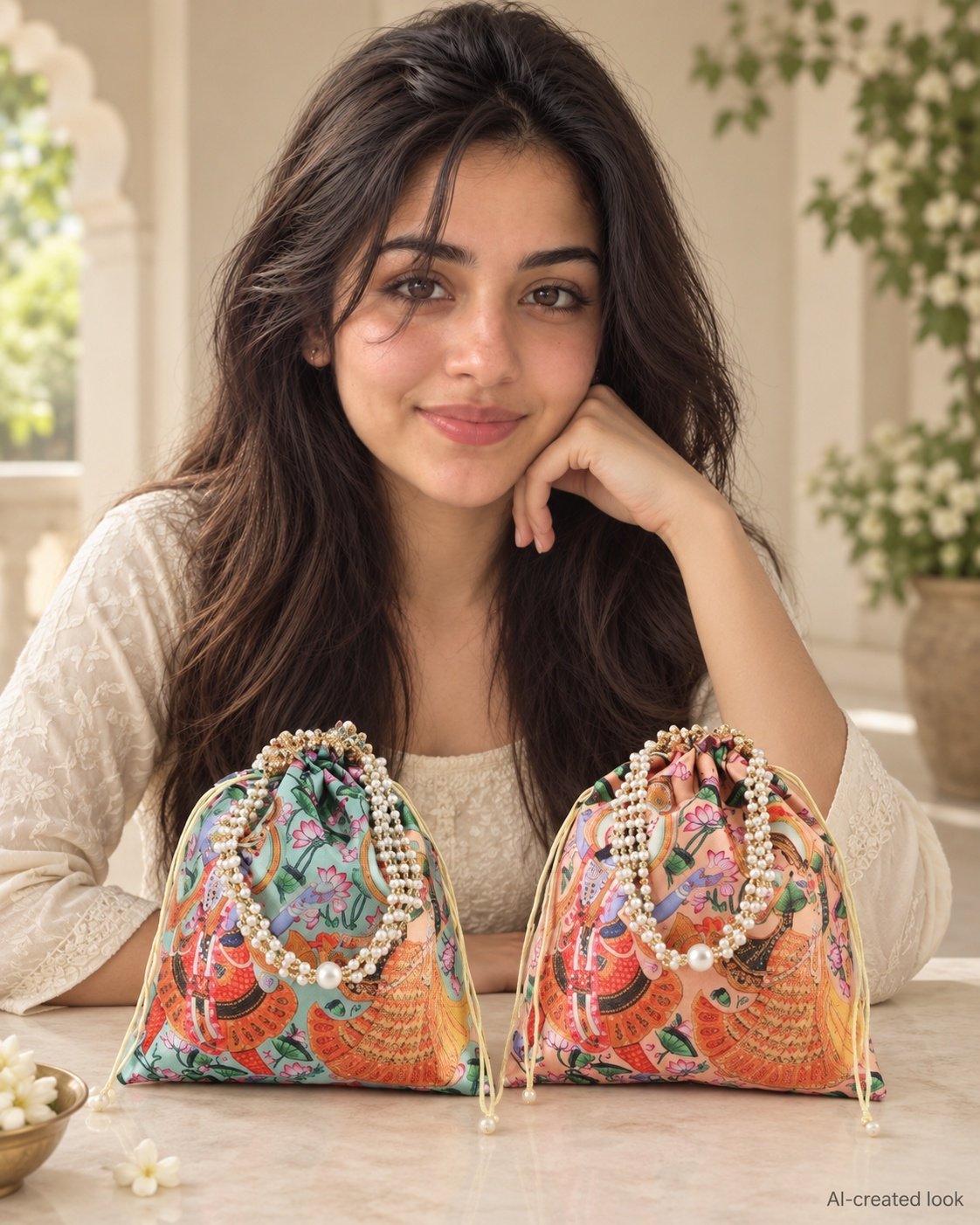 AI-created Maya showcase view: The two peach/green Radha-Krishna pictorial-print pouches with the actual printed art, pearl handles and drawstring details