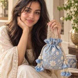 AI-created Maya styling inspiration: MASQ blue sky embroidered small frill potli