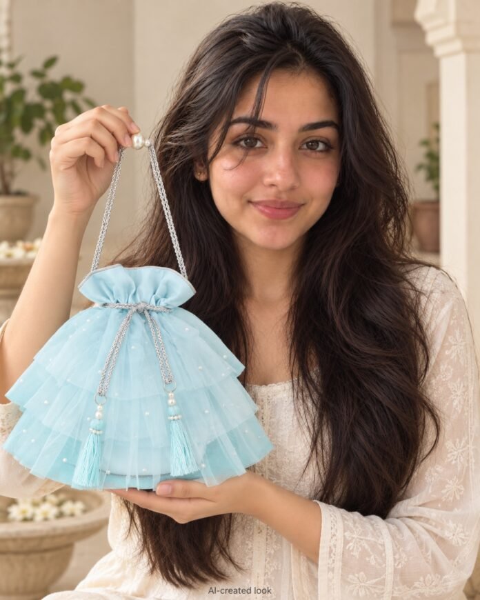AI-created Maya main view: Plain pale-blue tiered frill bag with pearl-chain details, exactly matching the source frills and drawstring