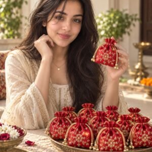 AI-created Maya styling inspiration: Embroidered red Shagun potli pack of 10 tiny pouches