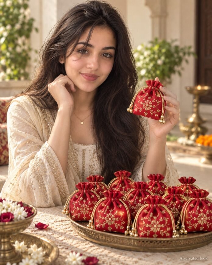 AI-created Maya styling inspiration: Embroidered red Shagun potli pack of 10 tiny pouches