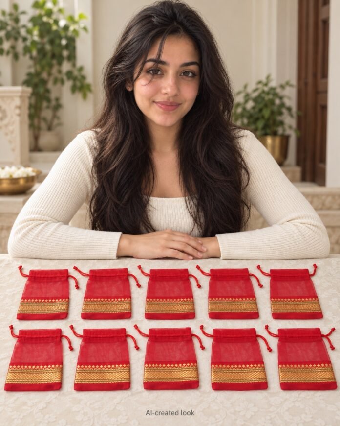 AI-created Maya main view: Ten small flat red/gold drawstring gift pouches with the exact woven motifs and plain red cords