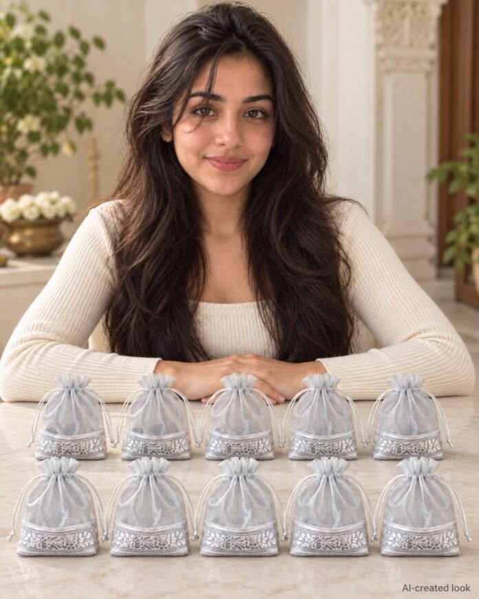 AI-created Maya main view: Ten small flat silver printed drawstring gift pouches with the actual small scale, fabric pattern, bottom borders and plain drawstrings