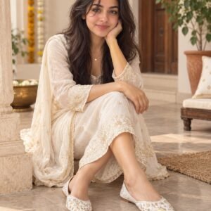 AI-created Maya styling inspiration: White embellished Rajasthani ethnic jutti