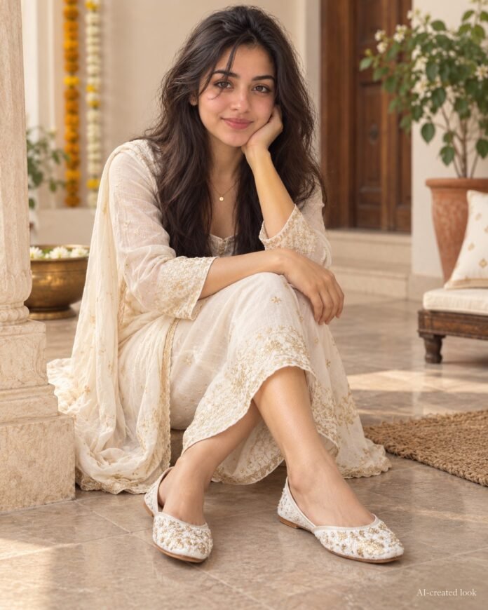 AI-created Maya styling inspiration: White embellished Rajasthani ethnic jutti