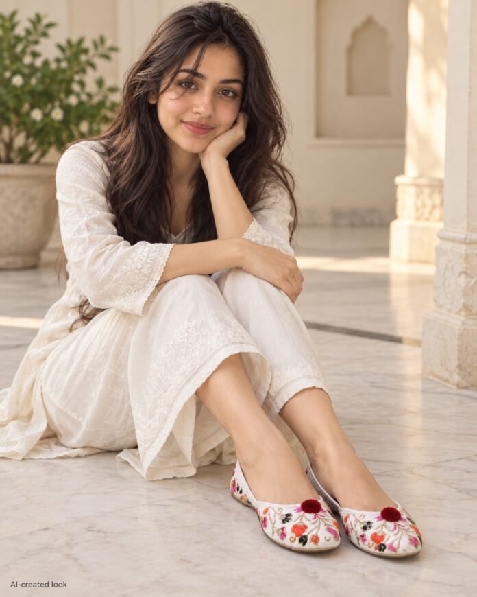 AI-created Maya main view: White jutti pair with prominent red/pink floral embroidery and the actual ivory lining, toe shape and trim