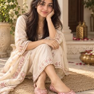 AI-created Maya styling inspiration: Pink embroidered Punjabi jutti