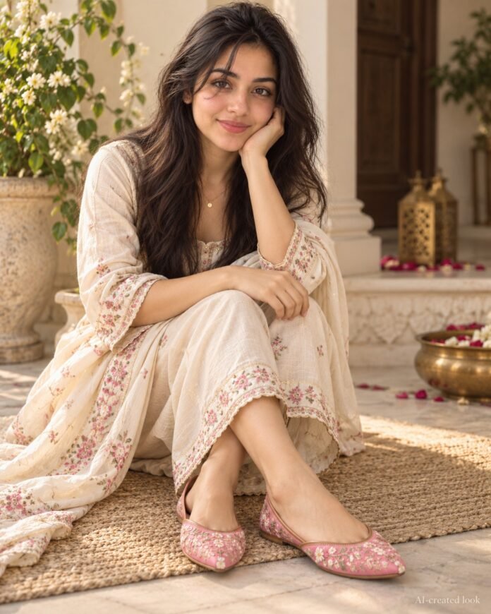 AI-created Maya styling inspiration: Pink embroidered Punjabi jutti