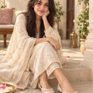 AI-created Maya styling inspiration: Cream embroidered bridal Punjabi jutti