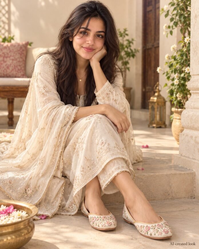 AI-created Maya styling inspiration: Cream embroidered bridal Punjabi jutti