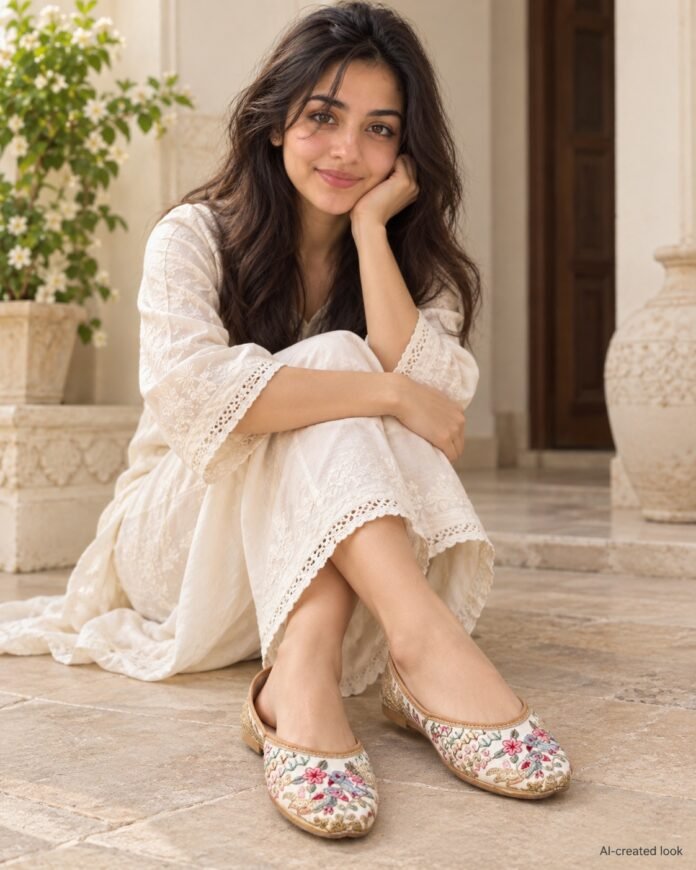 AI-created Maya main view: Cream jutti pair with the actual pink/red/green floral embroidery, toe shape and tan lining