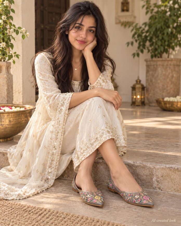 AI-created Maya styling inspiration: Multicolor Punjabi jutti grey/embellished
