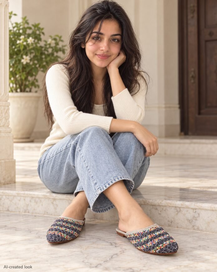 AI-created Maya main view: The actual multicolour densely embellished slip-on pair with stripe-like horizontal rows and the source silhouette/lining
