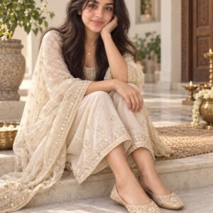 AI-created Maya styling inspiration: Beige embroidered partywear jutti
