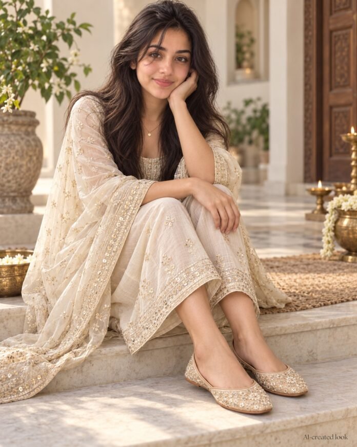 AI-created Maya styling inspiration: Beige embroidered partywear jutti