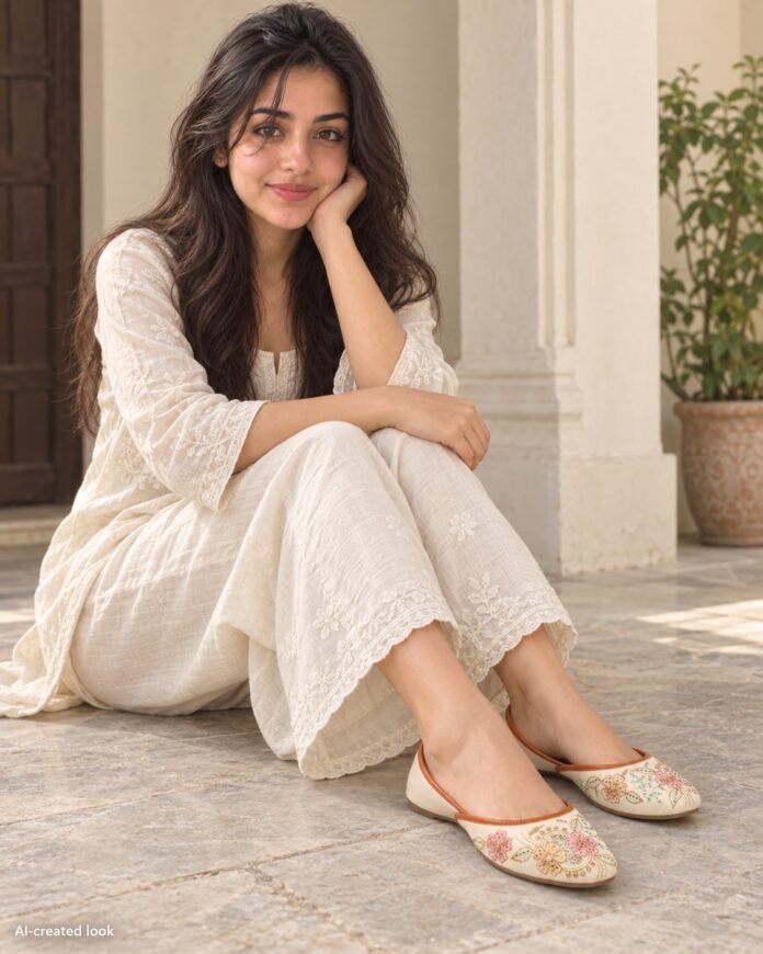 AI-created Maya main view: Cream pointed jutti pair with sparse pink/gold ornamental embroidery and orange/tan lining