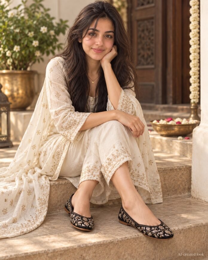 AI-created Maya styling inspiration: DFR black embroidered Rajasthani mojaris