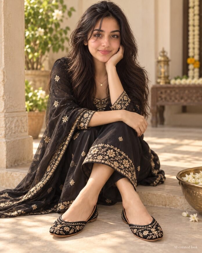AI-created Maya styling inspiration: DFR black embroidered juttis