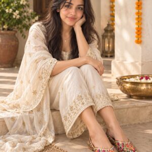 AI-created Maya styling inspiration: Embroidered Rajasthani mojari/jutti ethnic slip-on