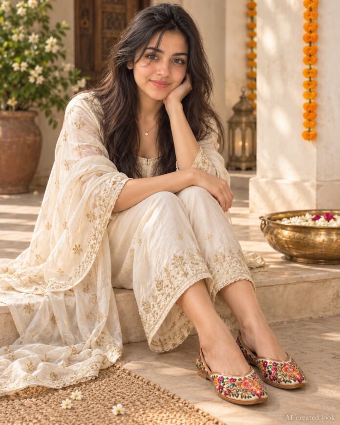 AI-created Maya styling inspiration: Embroidered Rajasthani mojari/jutti ethnic slip-on
