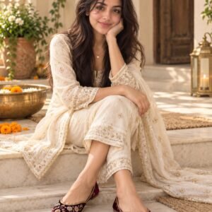 AI-created Maya styling inspiration: DFR velvet jutti mojari shoe