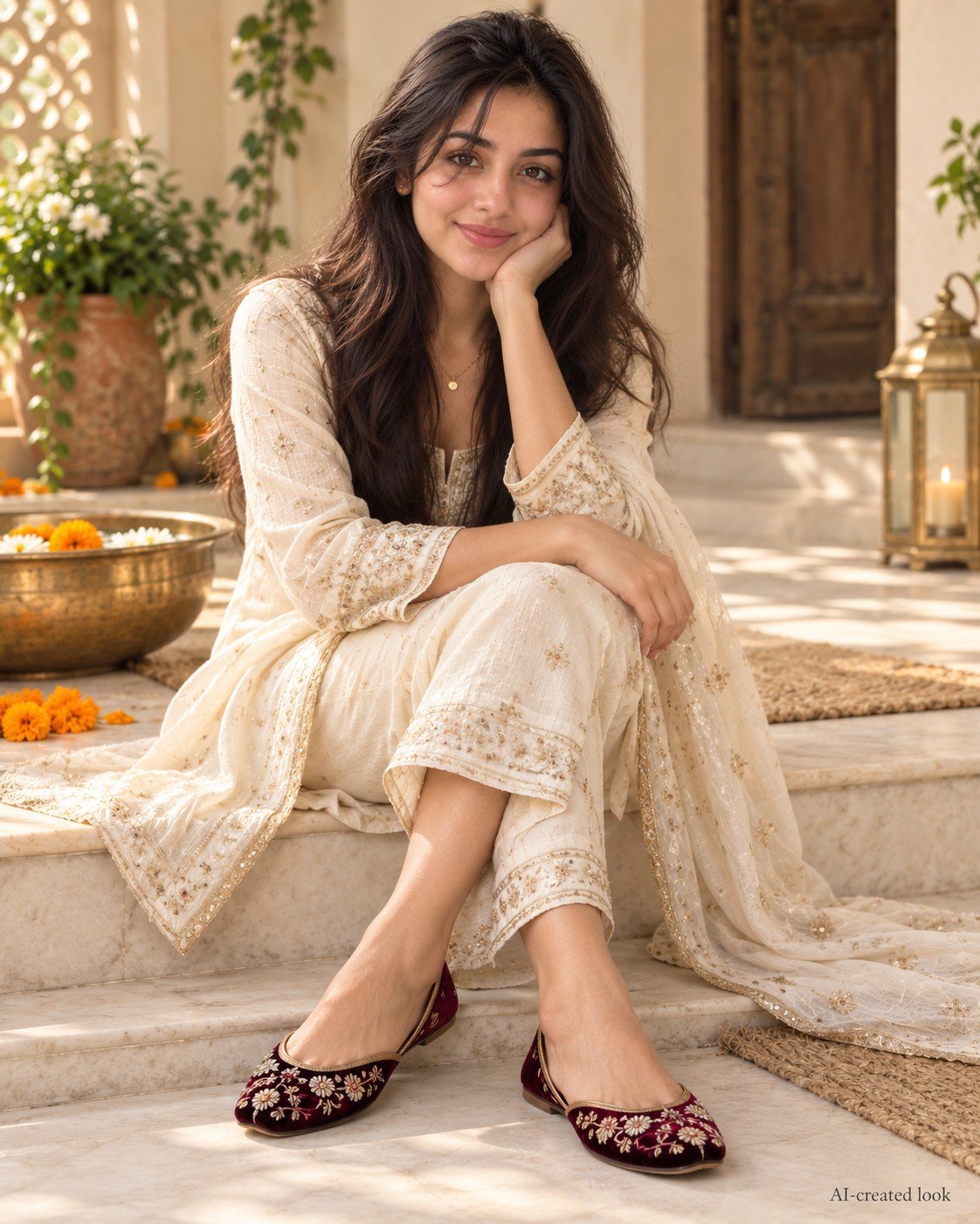 AI-created Maya styling inspiration: DFR velvet jutti mojari shoe
