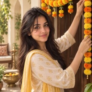 AI-created Maya styling inspiration: Yellow-orange artificial marigold door toran
