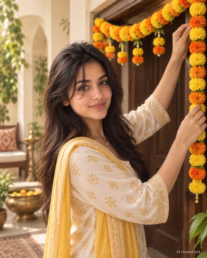 AI-created Maya styling inspiration: Yellow-orange artificial marigold door toran
