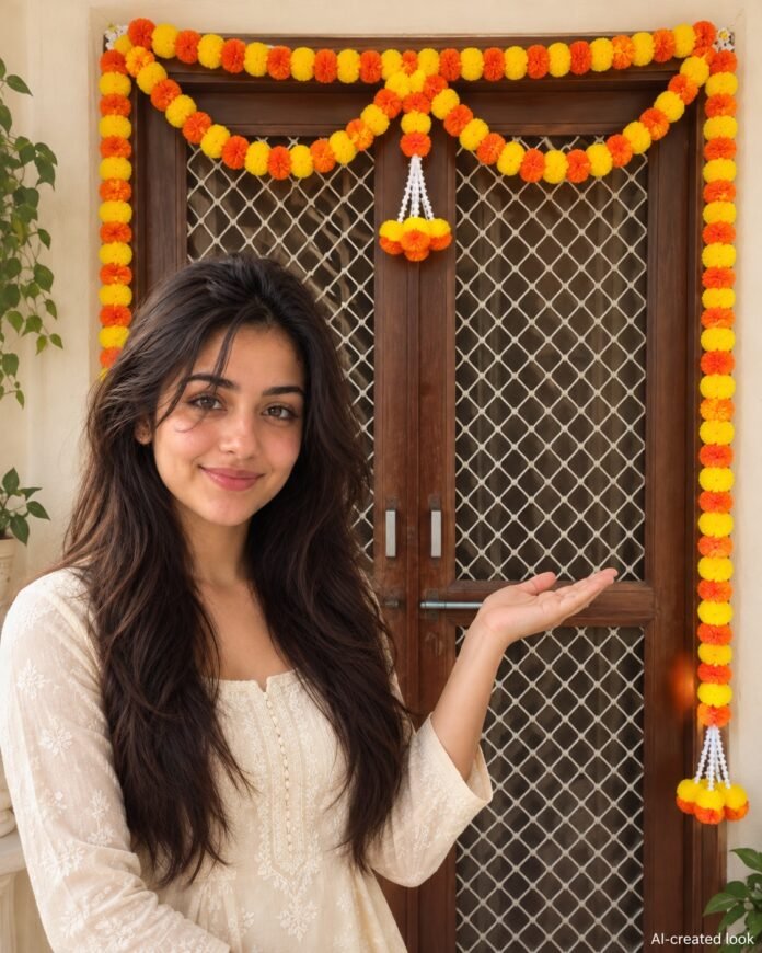 AI-created Maya main view: Yellow/orange artificial marigold toran with alternating colours, the reference two looped swags and exact hanging clusters/strings