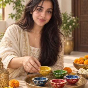 AI-created Maya styling inspiration: Handmade colourful ceramic/clay diya pack of six