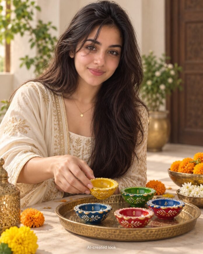 AI-created Maya styling inspiration: Handmade colourful ceramic/clay diya pack of six