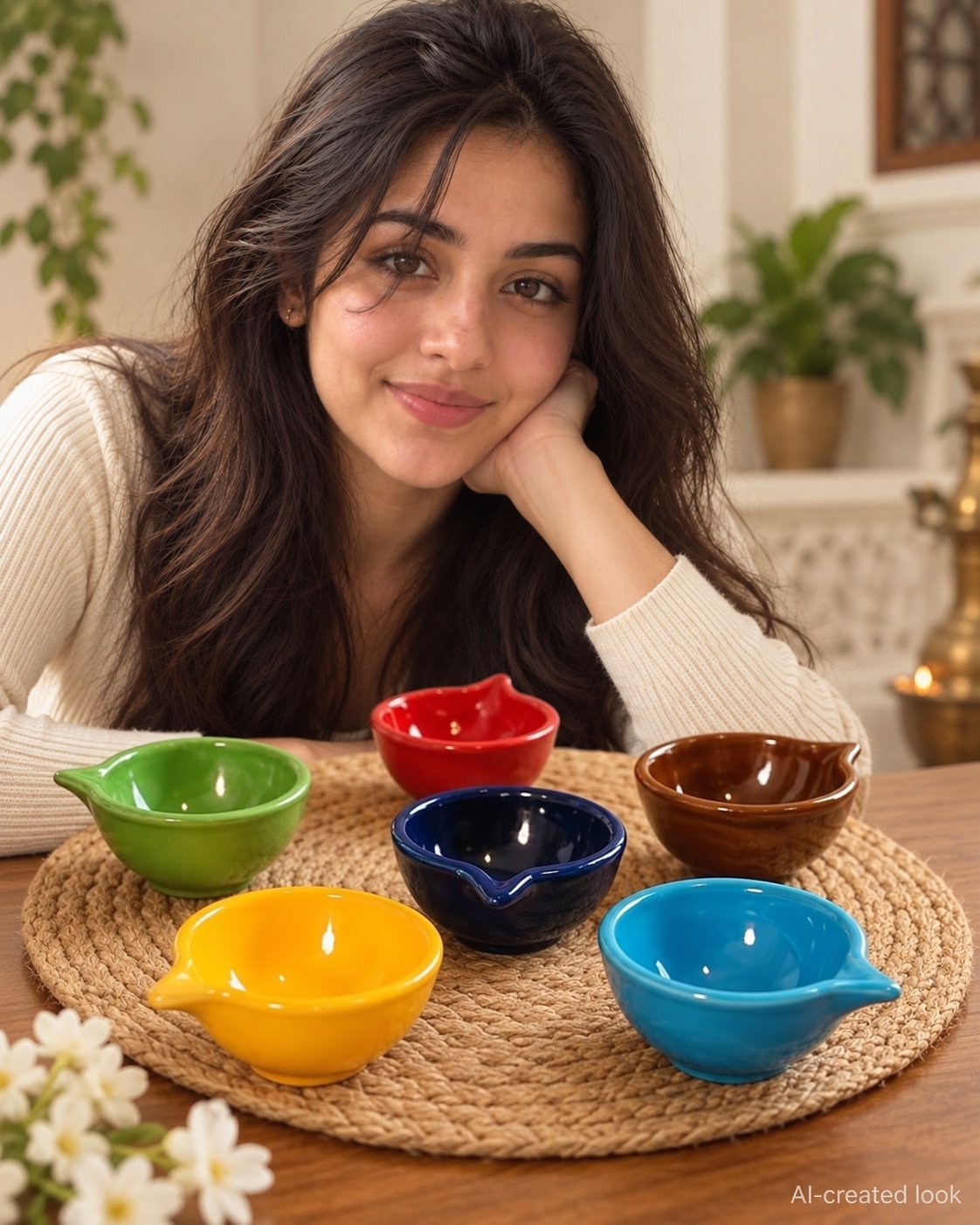 AI-created Maya detail view: Six plain solid-colour ceramic/clay bowls in red, green, navy, brown, yellow and turquoise, with the exact rounded rims and wick lips