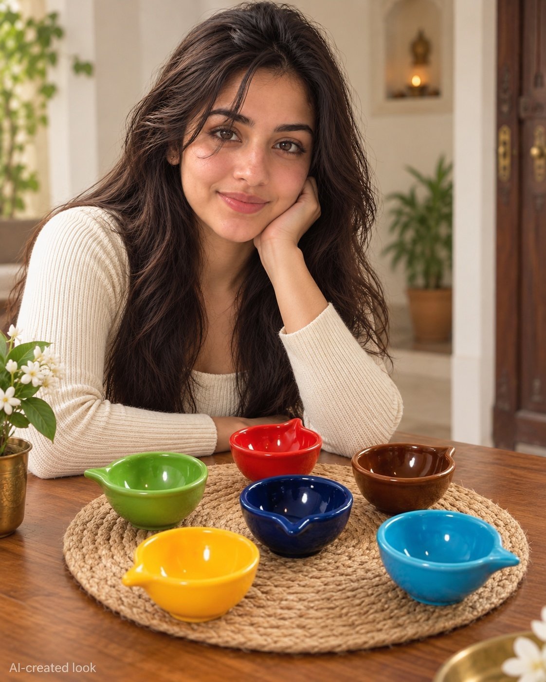 AI-created Maya main view: Six plain solid-colour ceramic/clay bowls in red, green, navy, brown, yellow and turquoise, with the exact rounded rims and wick lips