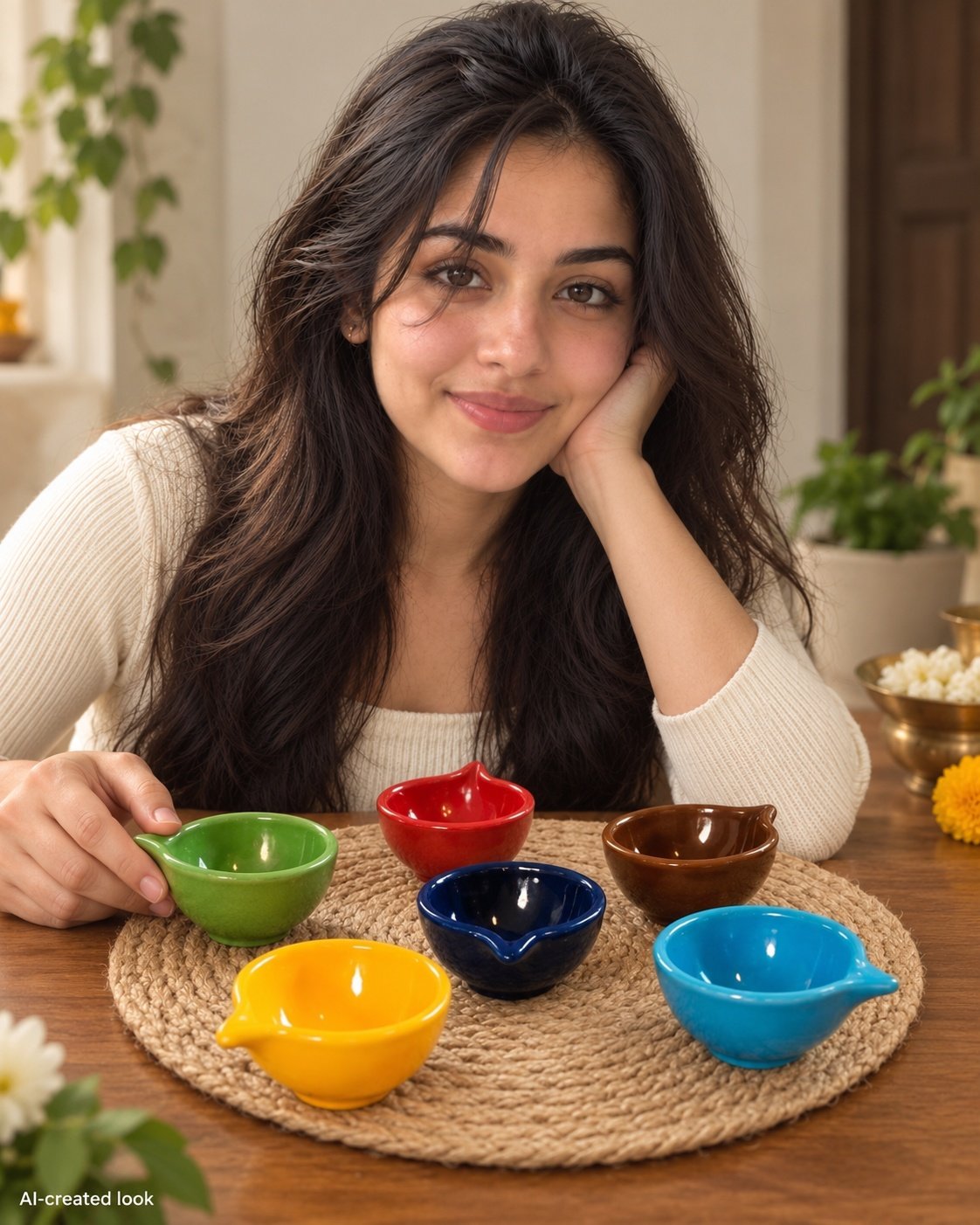 AI-created Maya showcase view: Six plain solid-colour ceramic/clay bowls in red, green, navy, brown, yellow and turquoise, with the exact rounded rims and wick lips