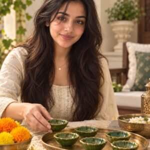 AI-created Maya styling inspiration: Bhumi Ceramics green pack-of-6 diyas