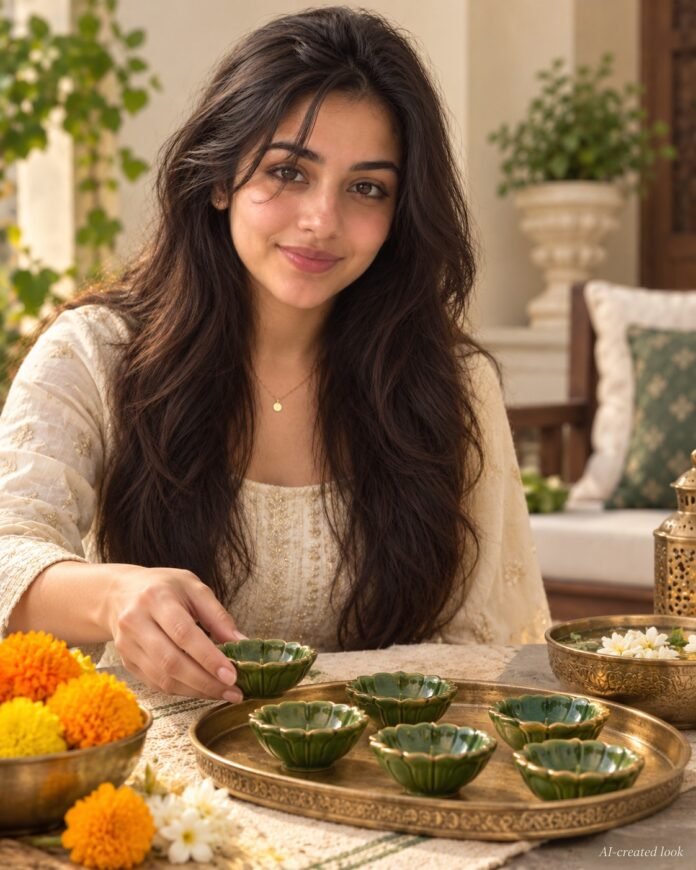 AI-created Maya styling inspiration: Bhumi Ceramics green pack-of-6 diyas