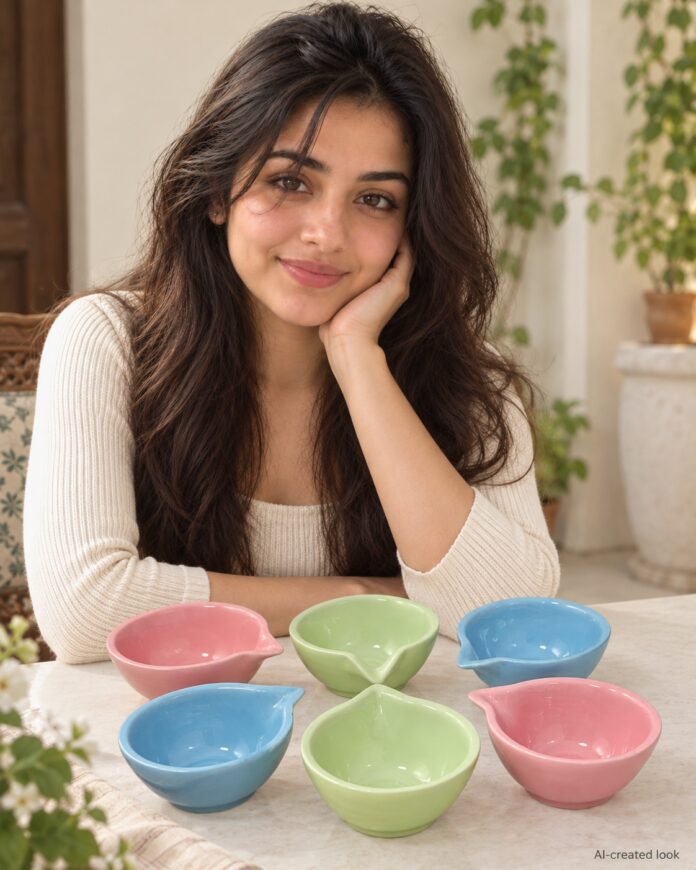 AI-created Maya main view: Six pastel pink, light-green and blue simple leaf/teardrop bowls, two of each colour, matching the source contours and smooth surfaces