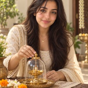 AI-created Maya styling inspiration: Anvi Decor brass-look akhand diya with glass cover