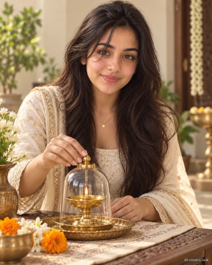 AI-created Maya styling inspiration: Anvi Decor brass-look akhand diya with glass cover